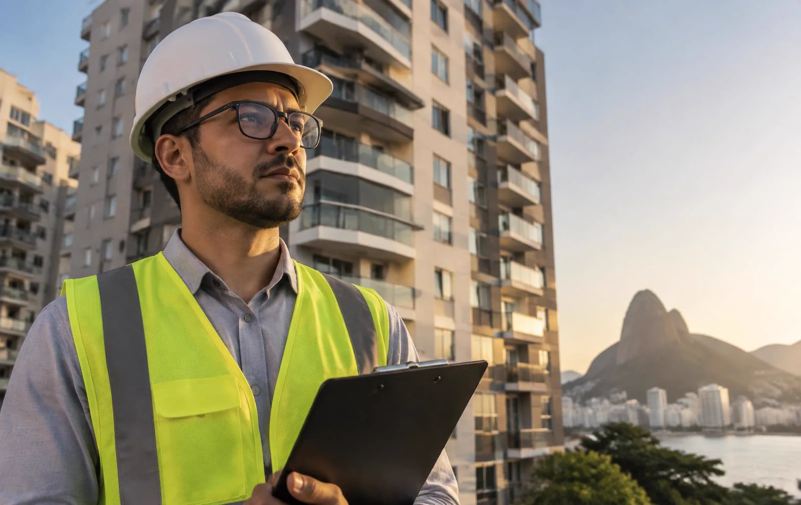 Engenheiro civil com capacete e colete em frente a prédio residencial no Rio de Janeiro