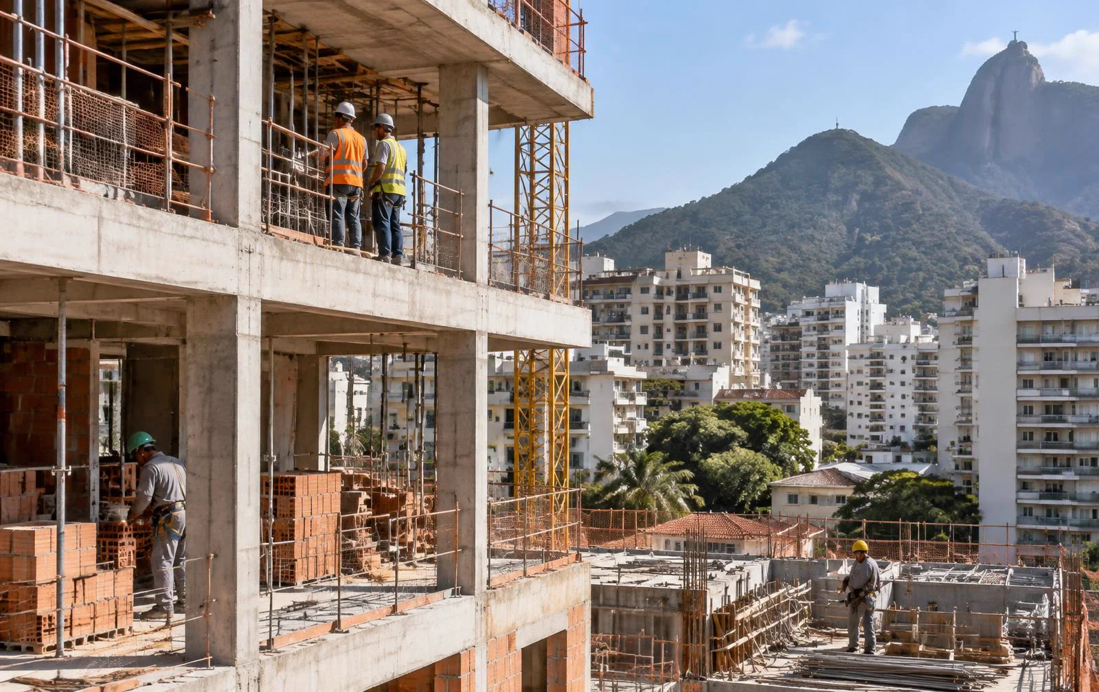Obra residencial em andamento com andaimes e estrutura de concreto